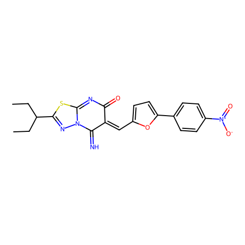 (6Z)-5-imino-6-[[5-(4-nitrophenyl)furan-2-yl]methylidene]-2-pentan-3-yl-[1,3,4]thiadiazolo[3,2-a]pyrimidin-7-one structure