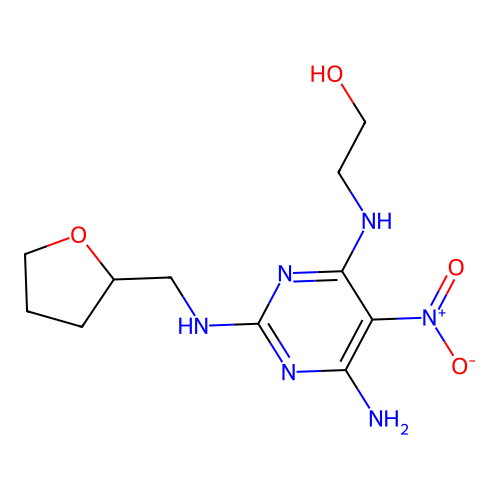 2-((6-amino-5-nitro-2-(((tetrahydrofuran-2-yl)methyl)amino)pyrimidin-4-yl)amino)ethanol structure