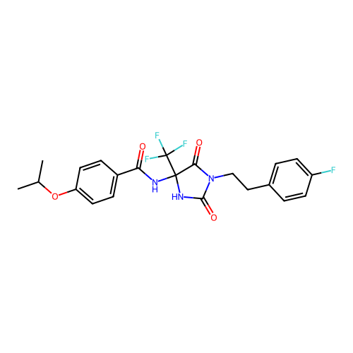 N-(1-(4-fluorophenethyl)-2,5-dioxo-4-(trifluoromethyl)imidazolidin-4-yl)-4-isopropoxybenzamide structure