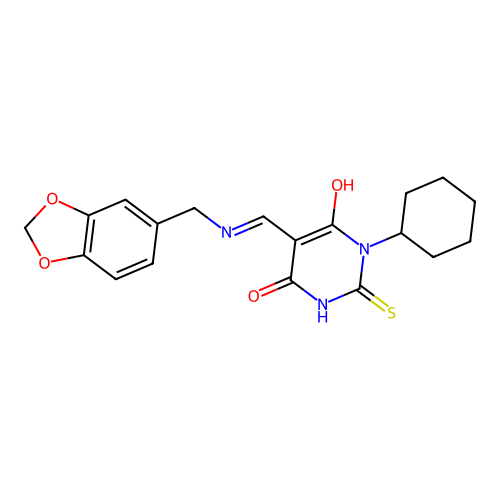 (5Z)-5-[(1,3-benzodioxol-5-ylmethylamino)methylidene]-1-cyclohexyl-2-sulfanylidene-1,3-diazinane-4,6-dione structure