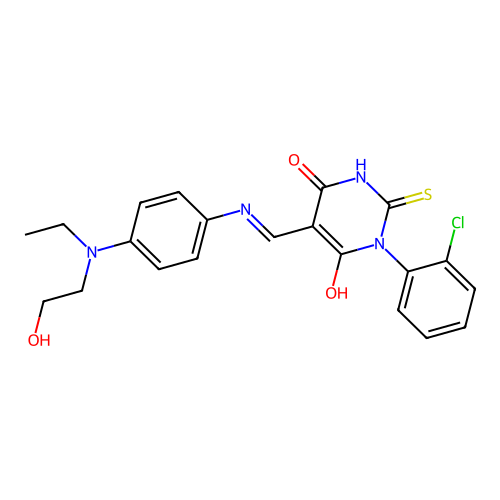 (5E)-1-(2-chlorophenyl)-5-[({4-[ethyl(2-hydroxyethyl)amino]phenyl}amino)methylidene]-2-sulfanylpyrimidine-4,6(1H,5H)-dione structure