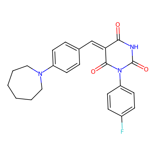 (Z)-5-(4-(azepan-1-yl)benzylidene)-1-(4-fluorophenyl)pyrimidine-2,4,6(1H,3H,5H)-trione structure
