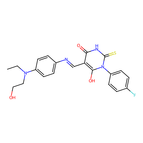 (5E)-5-[({4-[ethyl(2-hydroxyethyl)amino]phenyl}amino)methylidene]-1-(4-fluorophenyl)-2-sulfanylpyrimidine-4,6(1H,5H)-dione structure