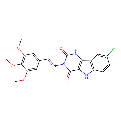 (E)-8-chloro-3-((3,4,5-trimethoxybenzylidene)amino)-1H-pyrimido[5,4-b]indole-2,4(3H,5H)-dione structure