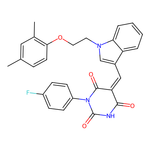 (5Z)-5-({1-[2-(2,4-dimethylphenoxy)ethyl]-1H-indol-3-yl}methylidene)-3-(4-fluorophenyl)-6-hydroxypyrimidine-2,4(3H,5H)-dione structure
