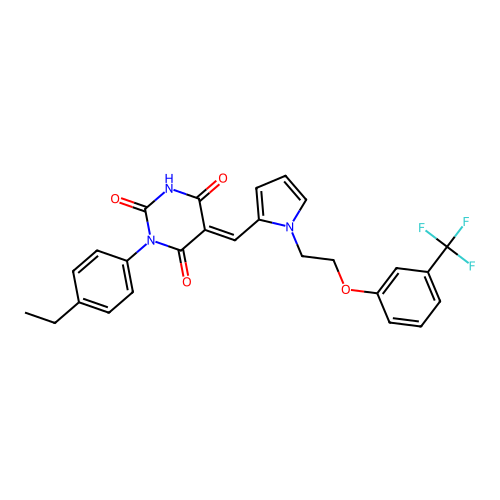 (5E)-1-(4-ethylphenyl)-5-[[1-[2-[3-(trifluoromethyl)phenoxy]ethyl]pyrrol-2-yl]methylidene]-1,3-diazinane-2,4,6-trione structure