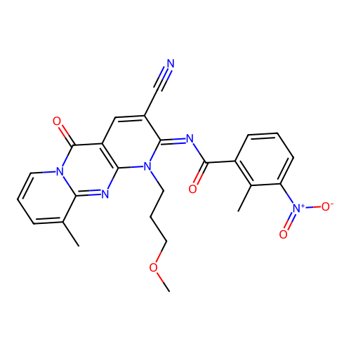 (E)-N-(3-cyano-1-(3-methoxypropyl)-10-methyl-5-oxo-1H-dipyrido[1,2-a:2',3'-d]pyrimidin-2(5H)-ylidene)-2-methyl-3-nitrobenzamide structure
