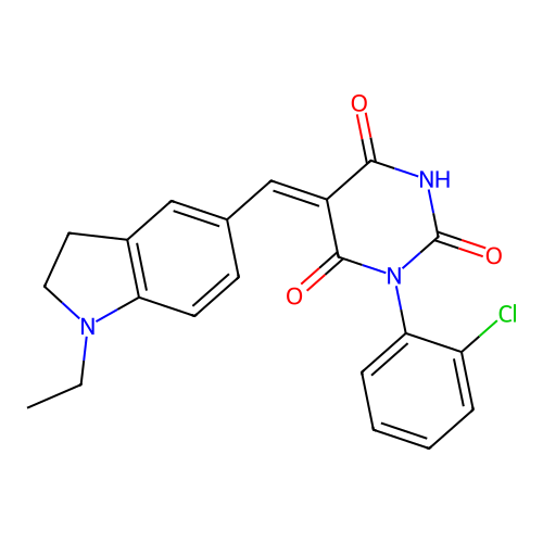 (Z)-1-(2-chlorophenyl)-5-((1-ethylindolin-5-yl)methylene)pyrimidine-2,4,6(1H,3H,5H)-trione structure