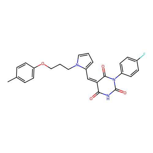 (5Z)-1-(4-fluorophenyl)-5-({1-[3-(4-methylphenoxy)propyl]-1H-pyrrol-2-yl}methylidene)pyrimidine-2,4,6(1H,3H,5H)-trione structure