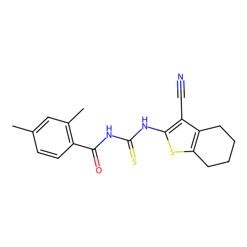 N-[(3-cyano-4,5,6,7-tetrahydro-1-benzothiophen-2-yl)carbamothioyl]-2,4-dimethylbenzamide structure