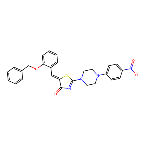 (Z)-5-(2-(benzyloxy)benzylidene)-2-(4-(4-nitrophenyl)piperazin-1-yl)thiazol-4(5H)-one structure