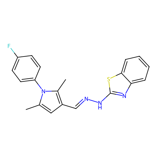 N-[[1-(4-fluorophenyl)-2,5-dimethyl-pyrrol-3-yl]methylideneamino]benzothiazol-2-amine structure