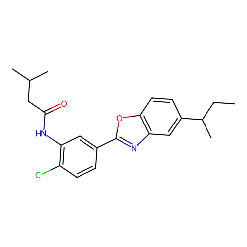 N-(5-(5-(sec-butyl)benzo[d]oxazol-2-yl)-2-chlorophenyl)-3-methylbutanamide structure