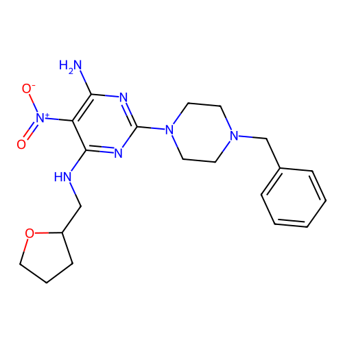 {6-amino-5-nitro-2-[4-benzylpiperazinyl]pyrimidin-4-yl}(oxolan-2-ylmethyl)amin e structure
