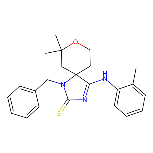 (Z)-1-benzyl-7,7-dimethyl-4-(o-tolylimino)-8-oxa-1,3-diazaspiro[4.5]decane-2-thione structure
