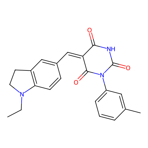 (Z)-5-((1-ethylindolin-5-yl)methylene)-1-(m-tolyl)pyrimidine-2,4,6(1H,3H,5H)-trione structure