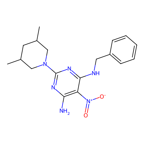 N-benzyl-2-(3,5-dimethylpiperidin-1-yl)-5-nitropyrimidine-4,6-diamine structure