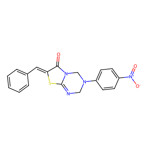 (7Z)-7-benzylidene-3-(4-nitrophenyl)-2,4-dihydro-[1,3]thiazolo[3,2-a][1,3,5]triazin-6-one structure