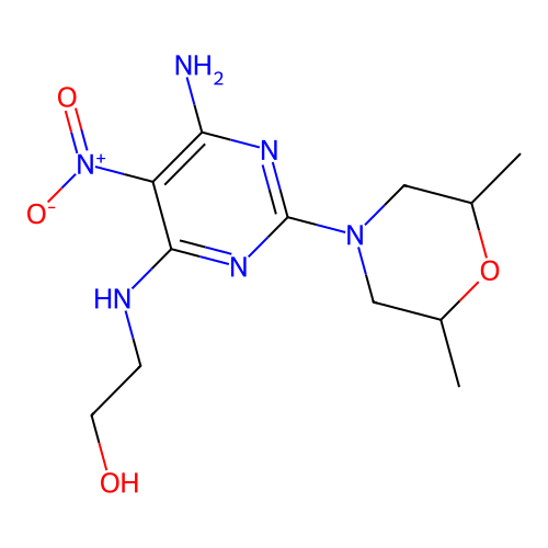 2-{[6-Amino-2-(2,6-dimethylmorpholin-4-yl)-5-nitropyrimidin-4-yl]amino}ethanol structure