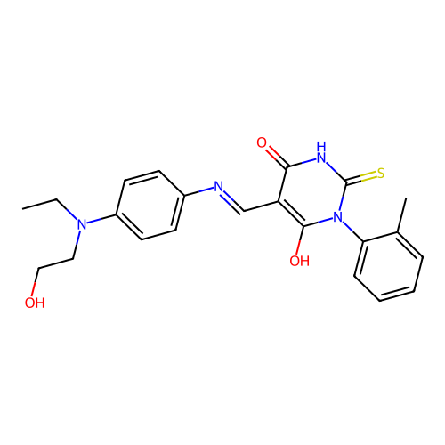 (5E)-5-[({4-[ethyl(2-hydroxyethyl)amino]phenyl}amino)methylidene]-1-(2-methylphenyl)-2-sulfanylpyrimidine-4,6(1H,5H)-dione structure