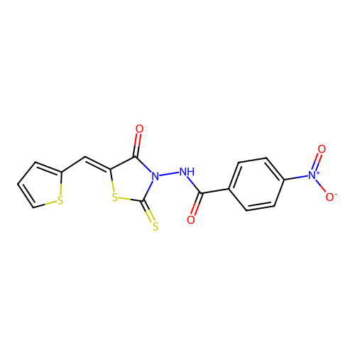 (Z)-4-nitro-N-(4-oxo-5-(thiophen-2-ylmethylene)-2-thioxothiazolidin-3-yl)benzamide structure