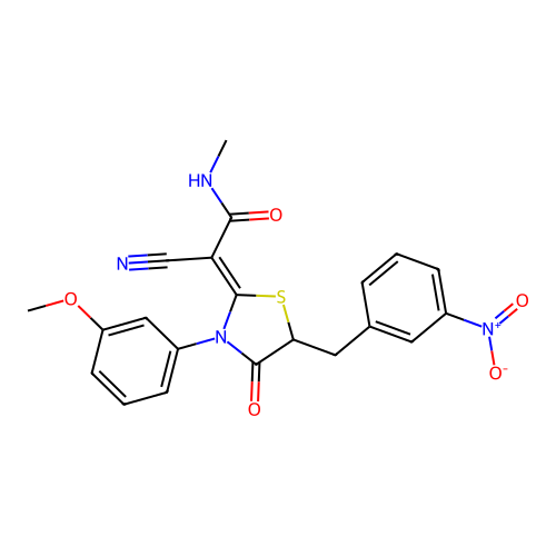 (Z)-2-cyano-2-(3-(3-methoxyphenyl)-5-(3-nitrobenzyl)-4-oxothiazolidin-2-ylidene)-N-methylacetamide structure