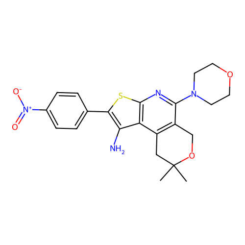 8,8-dimethyl-5-(morpholin-4-yl)-2-(4-nitrophenyl)-8,9-dihydro-6H-pyrano[4,3-d]thieno[2,3-b]pyridin-1-amine structure