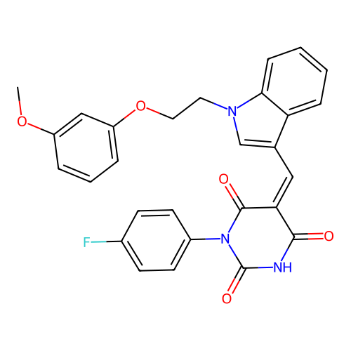 (Z)-1-(4-fluorophenyl)-5-((1-(2-(3-methoxyphenoxy)ethyl)-1H-indol-3-yl)methylene)pyrimidine-2,4,6(1H,3H,5H)-trione structure