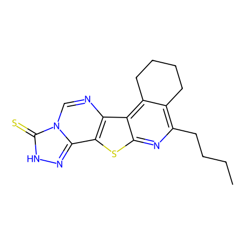11-butyl-7,8,9,10-tetrahydro-[1,2,4]triazolo[4'',3'':1',6']pyrimido[4',5':4,5]thieno[2,3-c]isoquinoline-3(2H)-thione structure