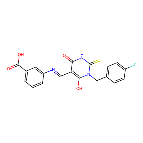 (E)-3-(((1-(4-fluorobenzyl)-4,6-dioxo-2-thioxotetrahydropyrimidin-5(2H)-ylidene)methyl)amino)benzoic acid structure
