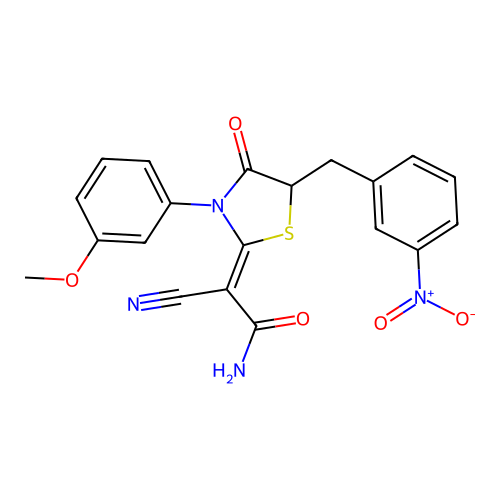 (Z)-2-cyano-2-(3-(3-methoxyphenyl)-5-(3-nitrobenzyl)-4-oxothiazolidin-2-ylidene)acetamide structure