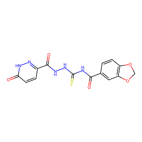 N-[[(6-oxo-1H-pyridazine-3-carbonyl)amino]carbamothioyl]-1,3-benzodioxole-5-carboxamide structure