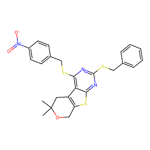 2-(benzylsulfanyl)-6,6-dimethyl-4-[(4-nitrobenzyl)sulfanyl]-5,8-dihydro-6H-pyrano[4',3':4,5]thieno[2,3-d]pyrimidine structure