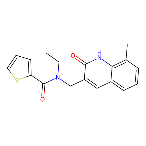 N-ethyl-N-[(8-methyl-2-oxo-1H-quinolin-3-yl)methyl]thiophene-2-carboxamide structure