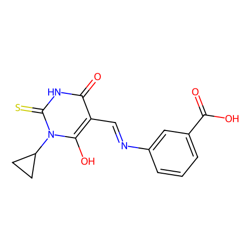 3-[(1-cyclopropyl-4,6-dioxo-2-sulfanylidene-1,3-diazinan-5-ylidene)methylamino]benzoic Acid structure