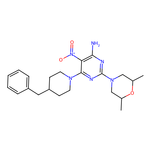 6-(4-benzylpiperidin-1-yl)-2-(2,6-dimethylmorpholin-4-yl)-5-nitropyrimidin-4-amine structure