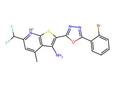 2-[5-(2-bromophenyl)-1,3,4-oxadiazol-2-yl]-6-(difluoromethyl)-4-methylthieno[2,3-b]pyridin-7-ium-3-amine structure