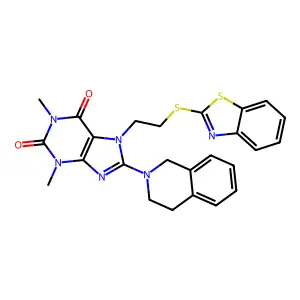 7-(2-benzothiazol-2-ylthioethyl)-1,3-dimethyl-8-(2-1,2,3,4-tetrahydroisoquinol yl)-1,3,7-trihydropurine-2,6-dione structure