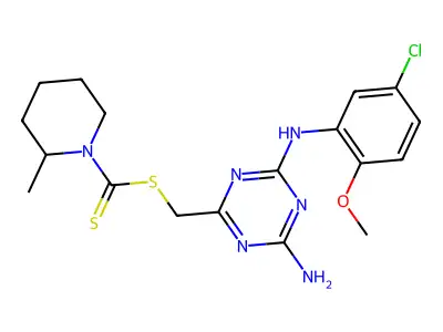 {4-amino-6-[(5-chloro-2-methoxyphenyl)amino]-1,3,5-triazin-2-yl}methyl 2-methylpiperidine-1-carbodithioate structure