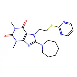8-(Azepan-1-yl)-1,3-dimethyl-7-(2-pyrimidin-2-ylsulfanylethyl)purine-2,6-dione structure