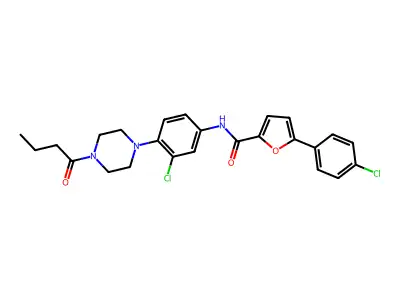 N-[4-(4-butanoylpiperazin-1-yl)-3-chlorophenyl]-5-(4-chlorophenyl)furan-2-carboxamide structure