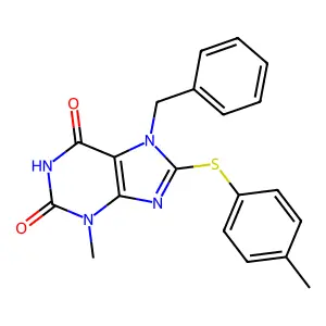 7-Benzyl-3-methyl-8-(4-methylphenyl)sulfanylpurine-2,6-dione structure