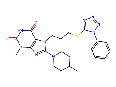 3-methyl-8-(4-methylpiperidin-1-yl)-7-{3-[(1-phenyl-1H-1,2,3,4-tetrazol-5-yl)sulfanyl]propyl}-2,3,6,7-tetrahydro-1H-purine-2,6-dione structure