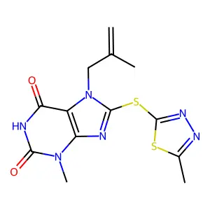 3-methyl-7-(2-methylprop-2-enyl)-8-[(5-methyl-1,3,4-thiadiazol-2-yl)sulfanyl]purine-2,6-dione structure