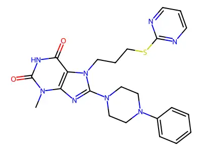 3-methyl-8-(4-phenylpiperazin-1-yl)-7-[3-(pyrimidin-2-ylsulfanyl)propyl]-2,3,6,7-tetrahydro-1H-purine-2,6-dione structure