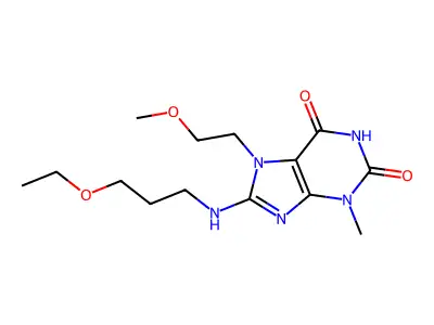 8-((3-ethoxypropyl)amino)-7-(2-methoxyethyl)-3-methyl-1H-purine-2,6(3H,7H)-dione structure