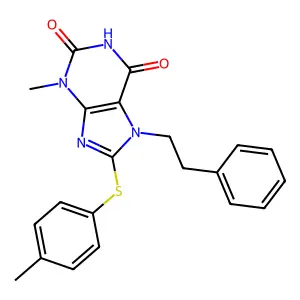 3-methyl-8-(4-methylphenyl)sulfanyl-7-phenethylpurine-2,6-dione structure