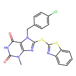 8-(1,3-benzothiazol-2-ylsulfanyl)-7-[(4-chlorophenyl)methyl]-3-methyl-2,3,6,7-tetrahydro-1H-purine-2,6-dione structure