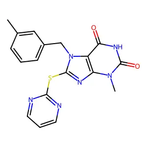 3-Methyl-7-[(3-methylphenyl)methyl]-8-pyrimidin-2-ylsulfanylpurine-2,6-dione structure