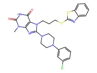 7-[3-(1,3-benzothiazol-2-ylsulfanyl)propyl]-8-[4-(3-chlorophenyl)piperazin-1-yl]-3-methyl-2,3,6,7-tetrahydro-1H-purine-2,6-dione structure